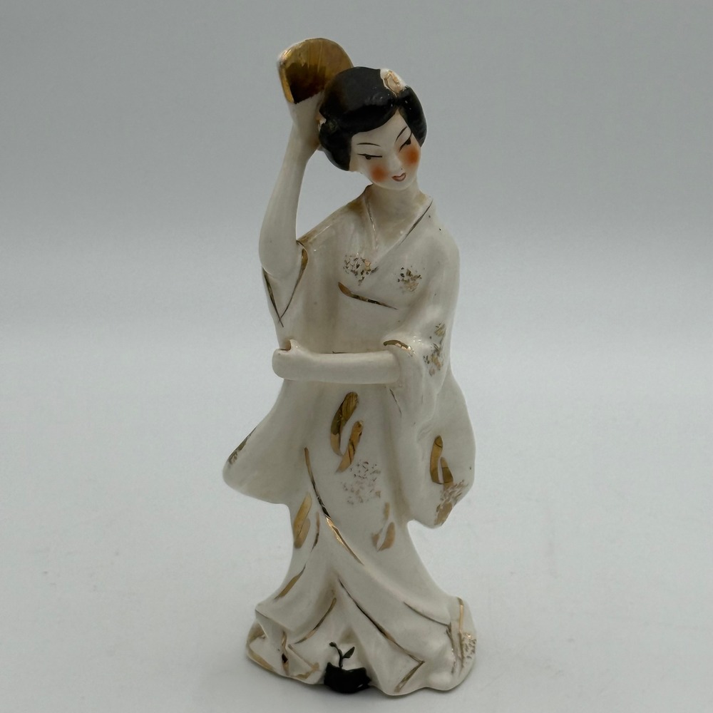 Vintage Japanese Geisha Figurine White Porcelain Gold Gilt Kimono Fan Japan 6"